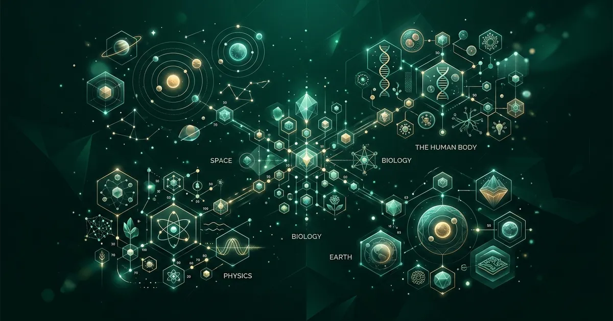 Abstract emerald illustration: a grid of small glowing nodes resolving into constellations, molecules and cells
