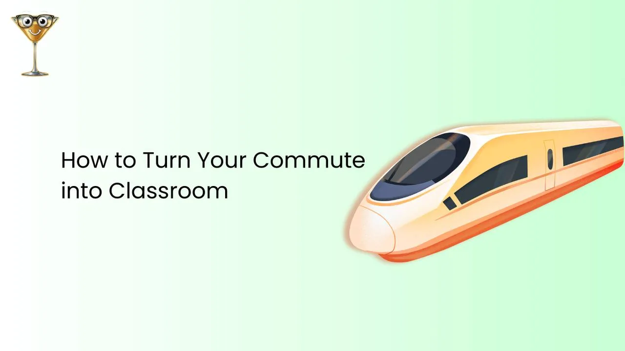 Commuter on a train listening to a learning app through earphones, using travel time productively
