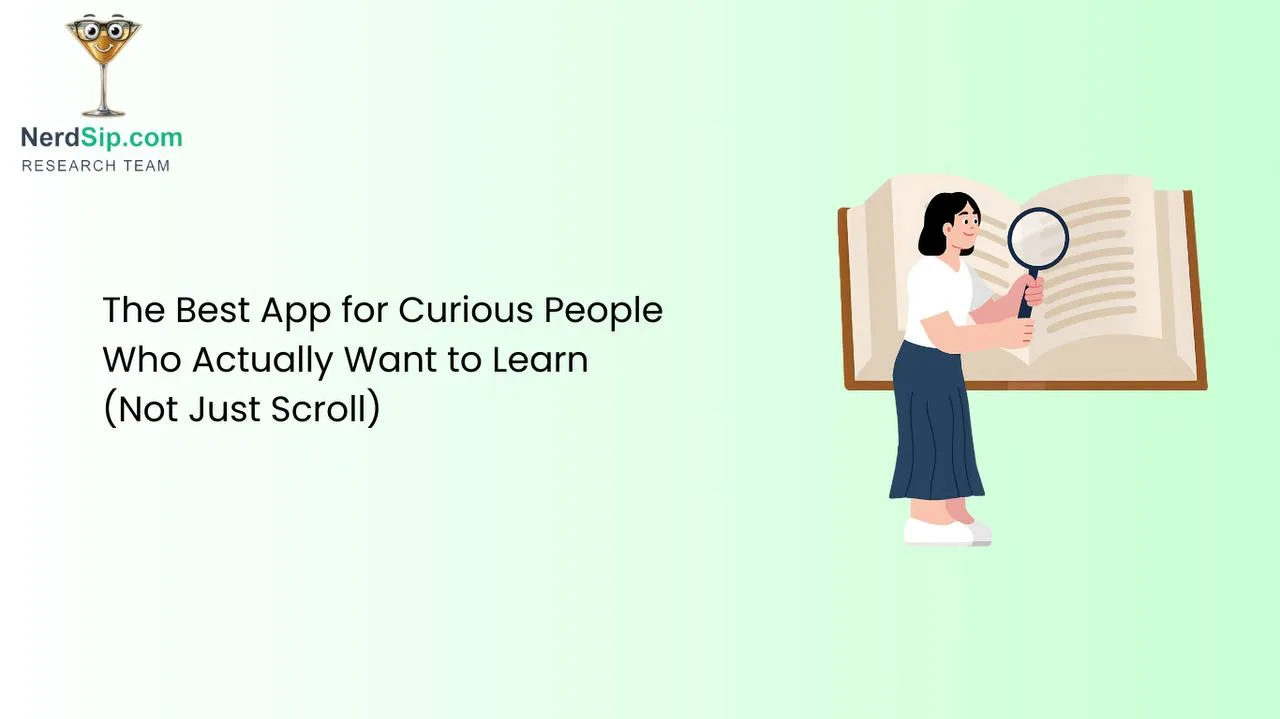 Curious person happily exploring an educational app with a look of genuine discovery and engagement
