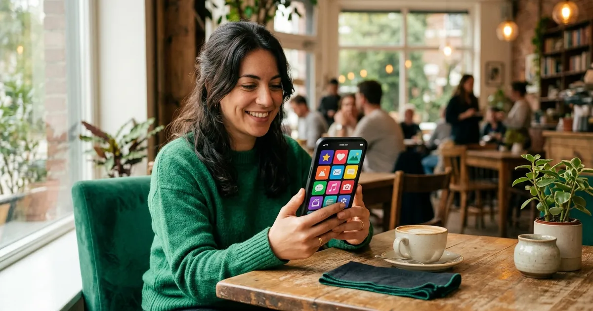 Ein Smartphone-Homescreen mit Lern- und Gewohnheits-Apps statt Social-Media-Icons, daneben eine Tasse Morgenkaffee