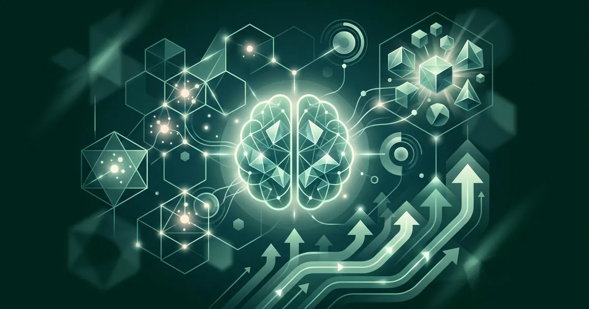 Abstrakte smaragdgrüne Illustration eines leuchtenden Gehirns, umgeben von Puzzleteilen, Schachfiguren und verbundenen Lichtpfaden als Symbol für lebenslange geistige Fitness