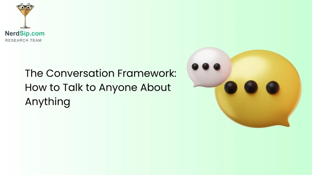 Two people in a natural conversation with a framework diagram showing topic transitions and listening cues
