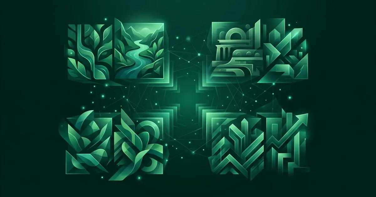 Ilustração abstrata em verde esmeralda: formas de rio, floresta e arquitetura moderna se combinando em um mosaico