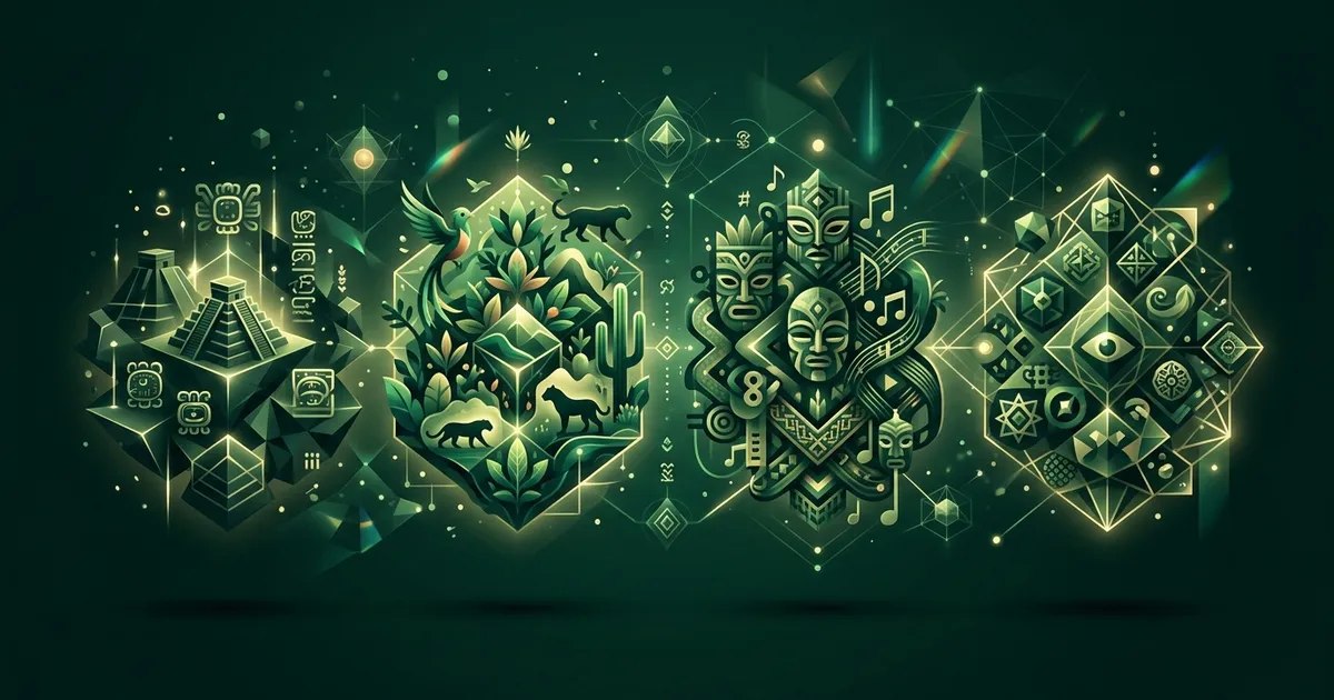 Ilustración abstracta en verde esmeralda: formas de pirámide, agave y mariposa combinadas en un mosaico geométrico