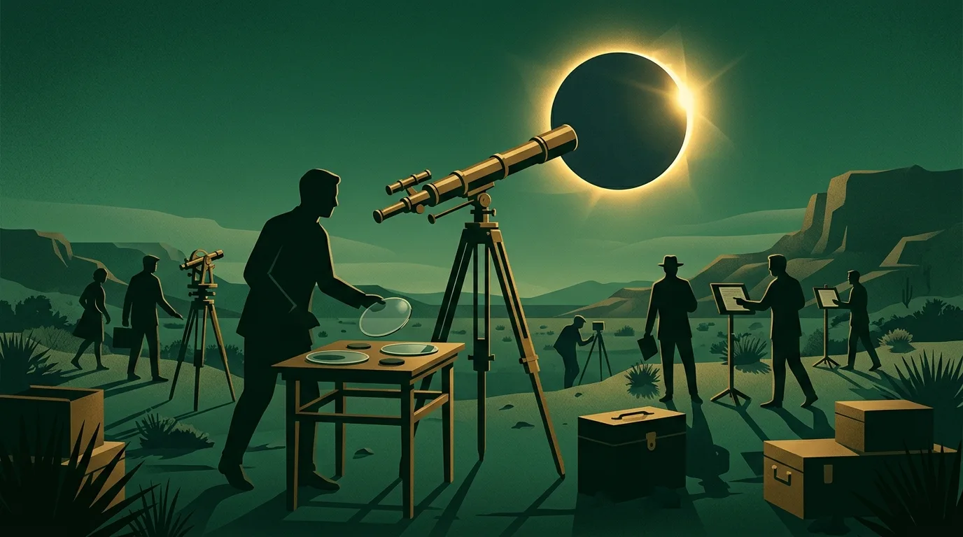 Finsternisexpedition des frühen 20. Jahrhunderts mit Messingteleskop und Fotoplatten