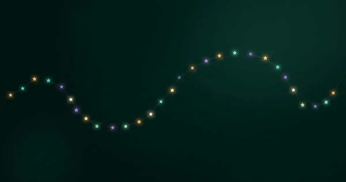 A winding line of thirty small glowing stars in gold, teal, violet and white across a dark emerald sky, like a timeline of bright minds