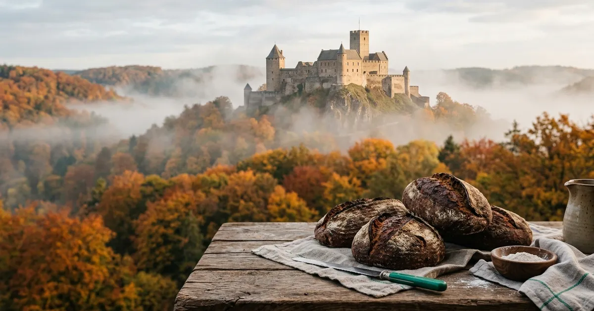 Illustrated collage of German castles, bread, forests and cultural symbols