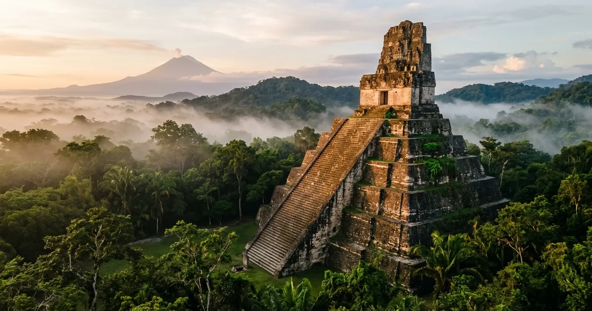 Illustrated collage of Mexican pyramids, volcanoes, food and cultural symbols