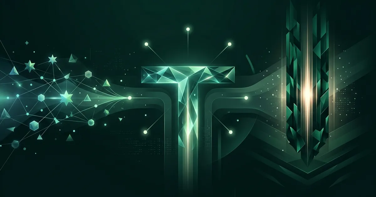 A single deep emerald shaft of light plunging downward beside a wide horizontal band of small glowing shapes, together forming a T on a dark background