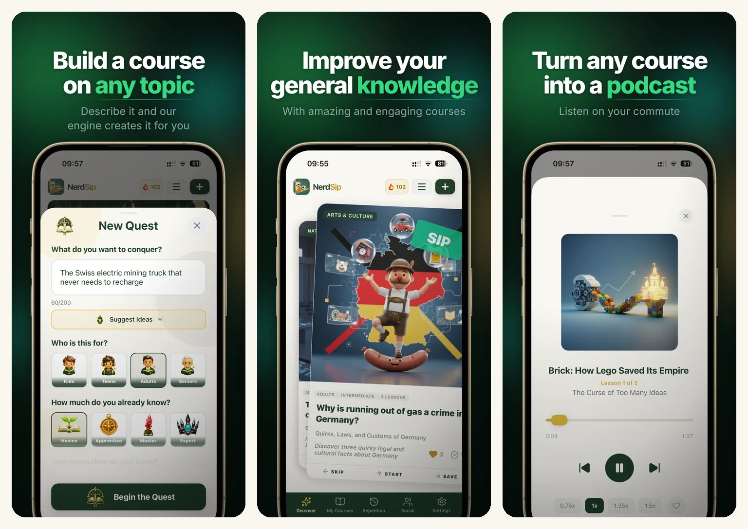 Three NerdSip app screens: building a course on any topic, a general knowledge course card, and a course playing as a podcast