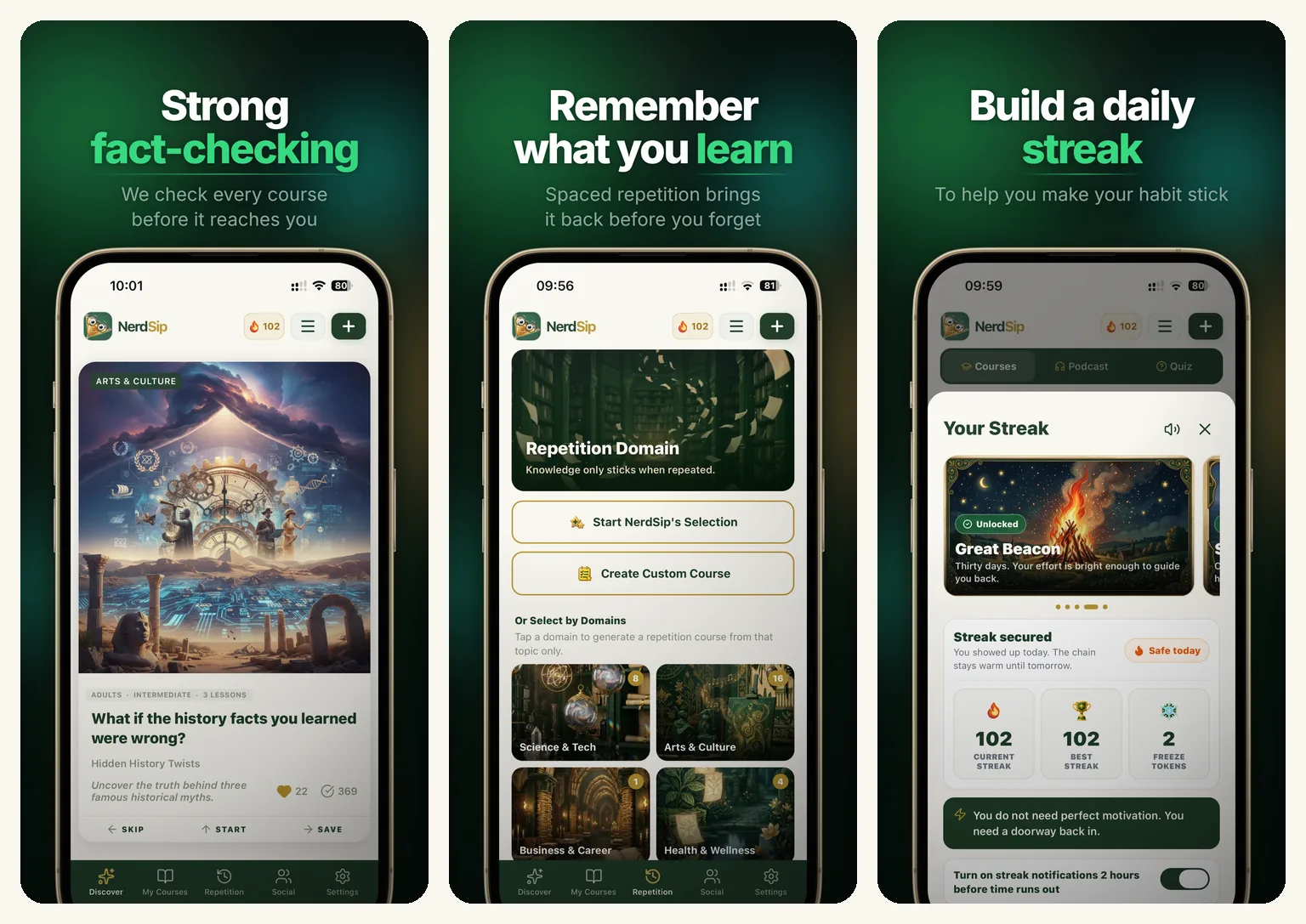 Three NerdSip app screens: a fact-checked history course, the Repetition tab for review, and a daily learning streak