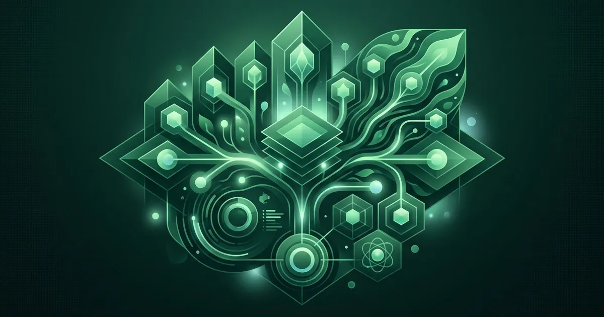 Emerald geometric shapes branching upward from a glowing core like a growing plant on a dark background, a symbol for abilities that grow
