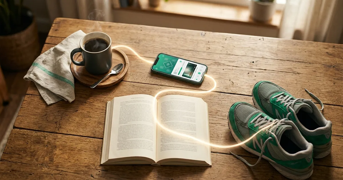Eine Kaffeetasse auf der Küchentheke neben einem Handy mit einer kurzen Lektion – eine neue Lerngewohnheit, gestapelt auf die bestehende Gewohnheit, morgens Kaffee zu kochen