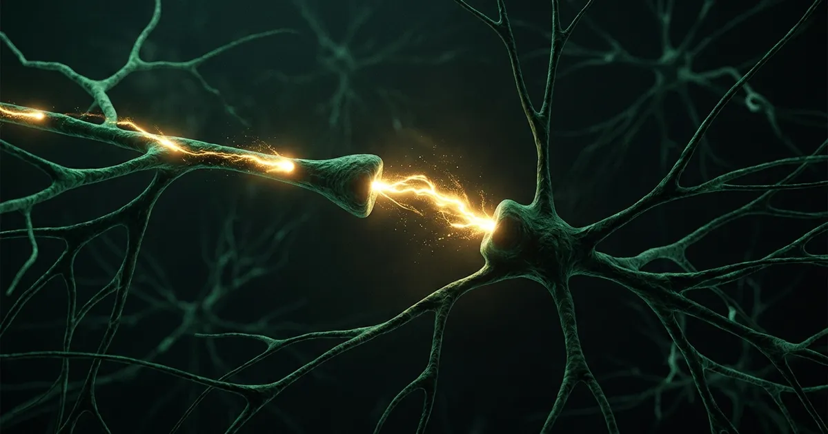 Abstract illustration of a signal travelling along a neural pathway and branching into a network