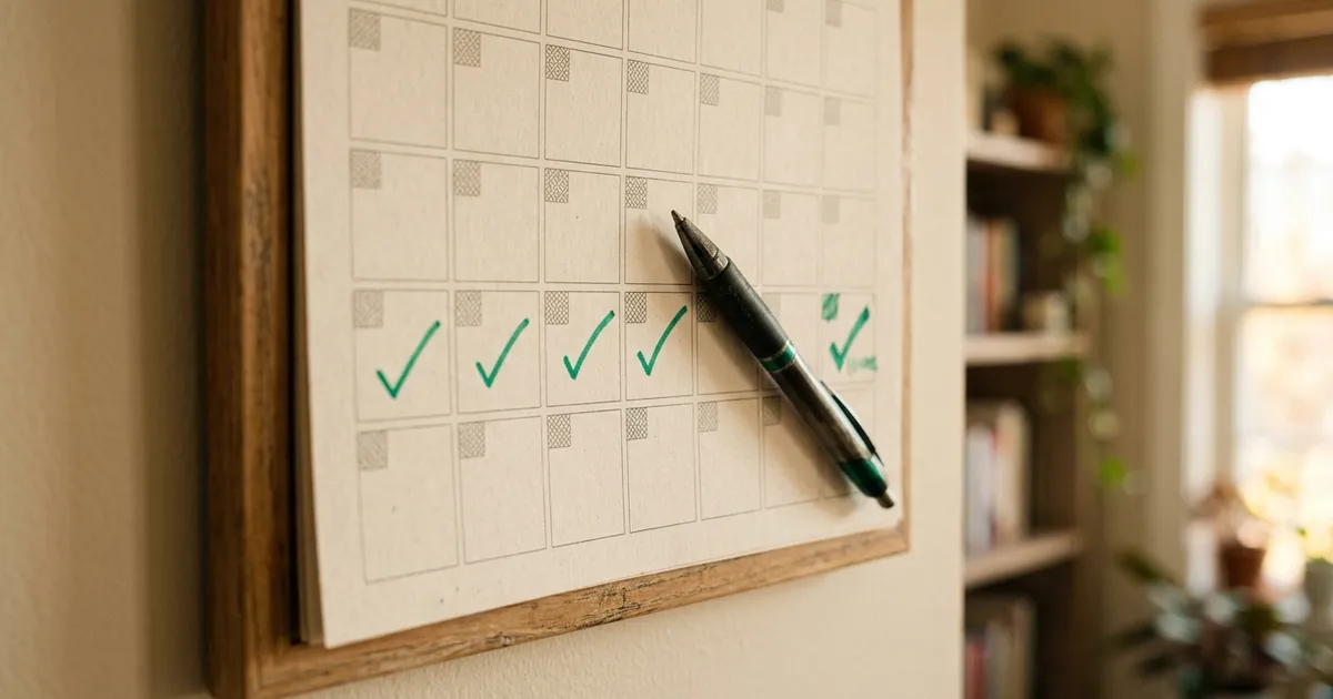 Ein Wandkalender mit abgehakten Tagen in einer Serie, daneben eine Kaffeetasse und eine geöffnete Lern-App auf einem Schreibtisch
