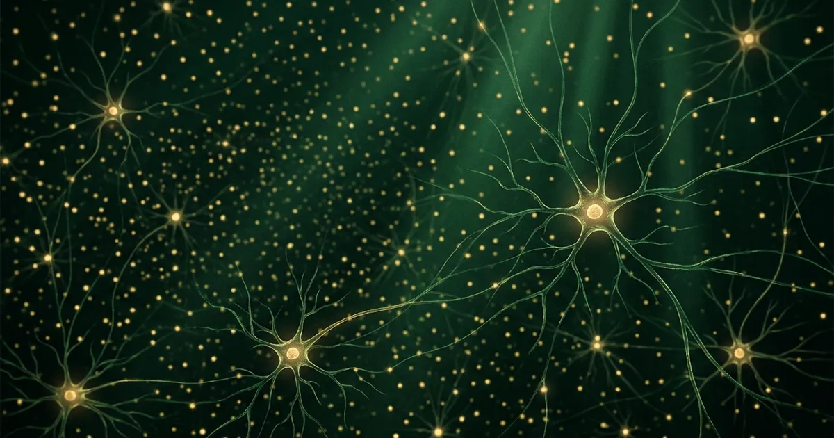 Abstract illustration of densely packed neurons and glial cells glowing against a dark green field