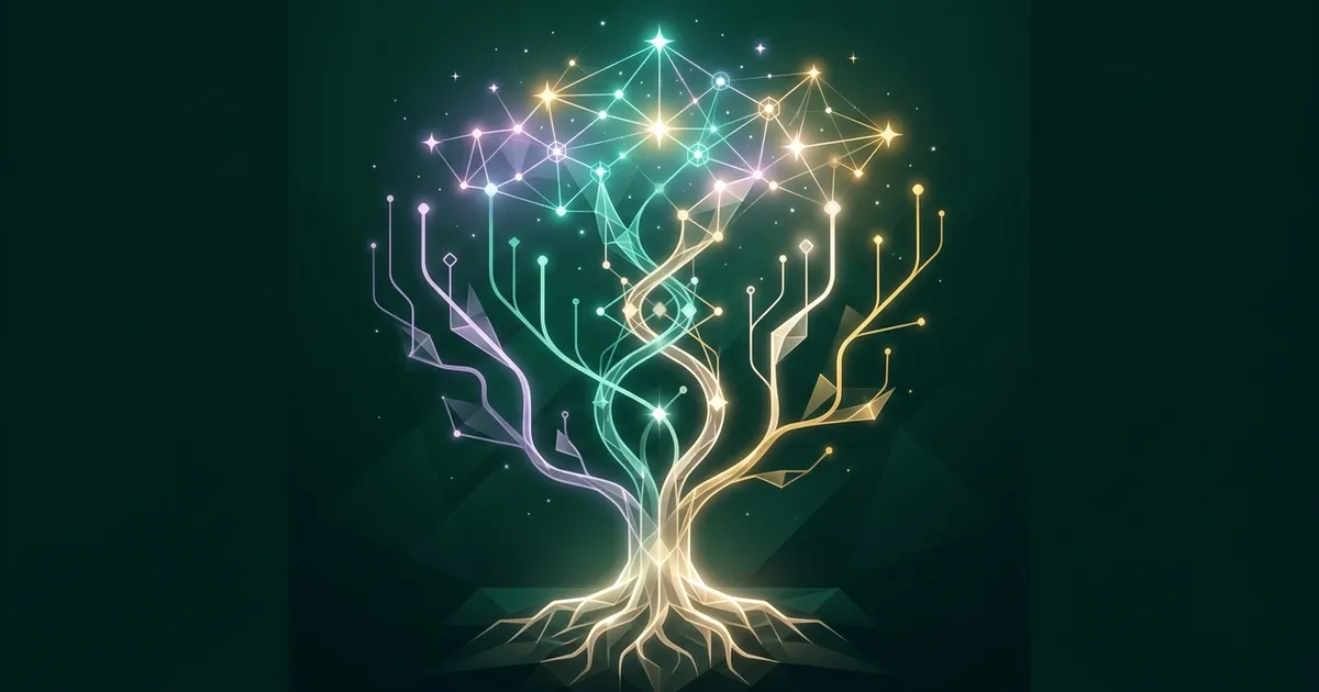 Several glowing paths of different colours branching from one deep root and reconnecting above it, on a dark emerald background