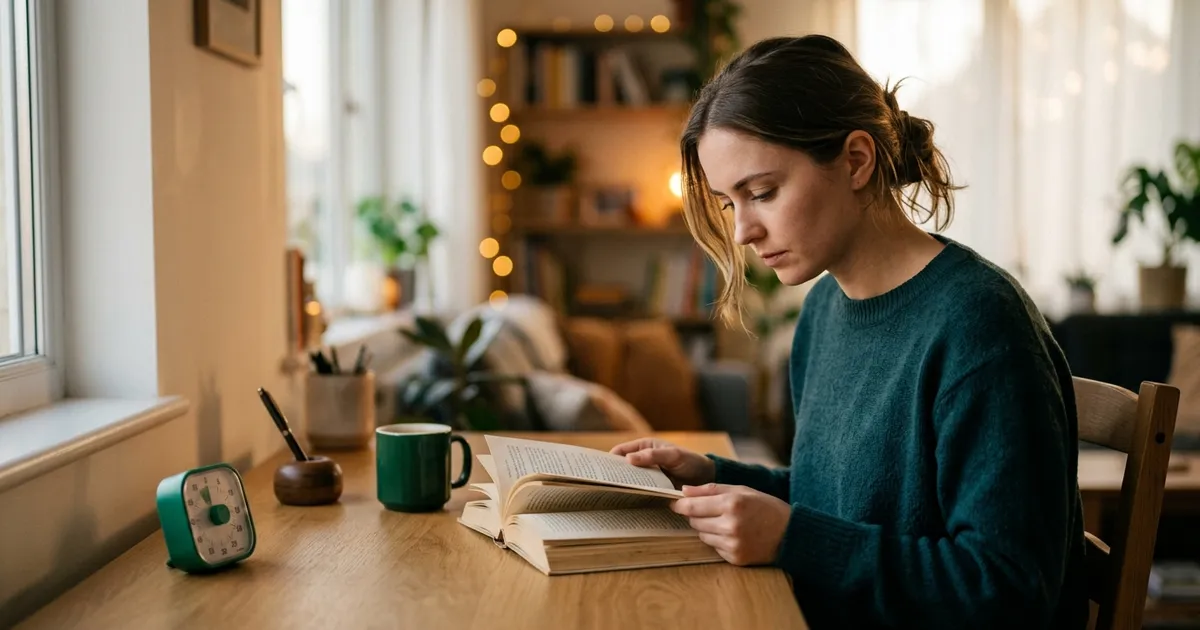 Eine Person an einem aufgeräumten Schreibtisch mit einem einzigen aufgeschlagenen Buch und dem Handy mit dem Display nach unten in einer Schublade, dahinter ein 30-Tage-Kalender an der Wand