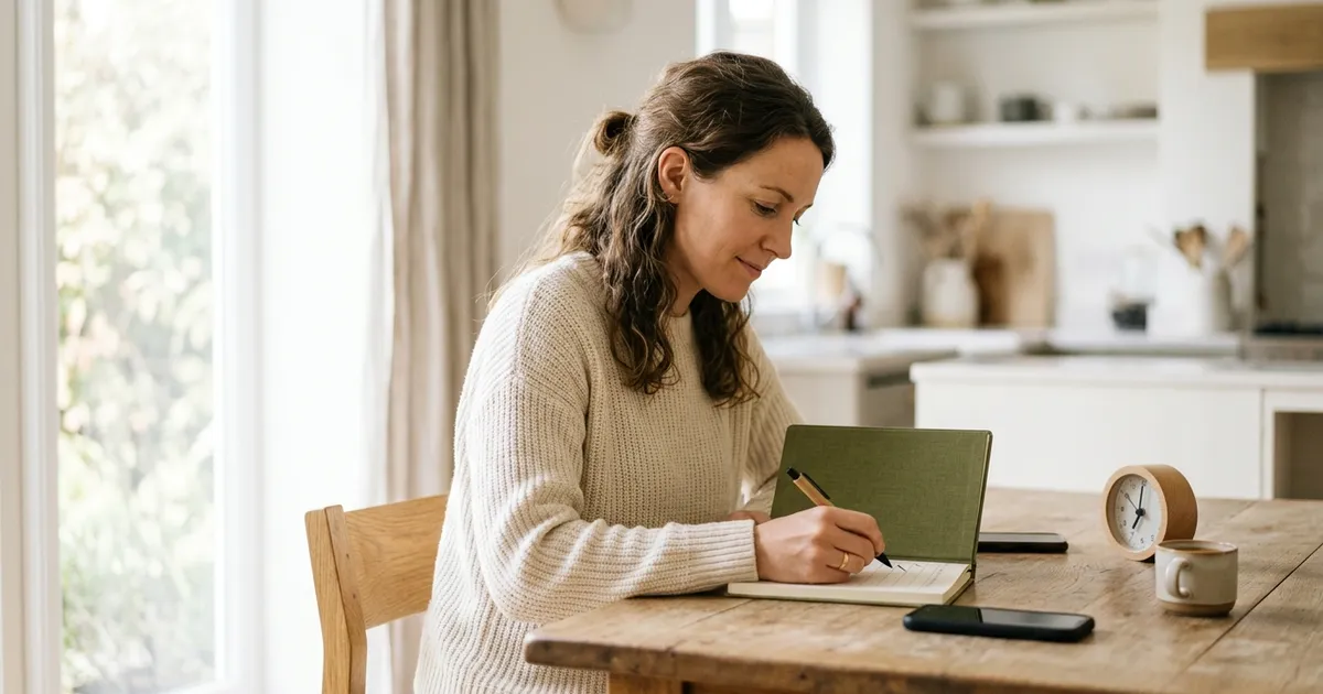 A person completing a single 60-second daily habit at a kitchen table, building self-discipline through small repeated actions