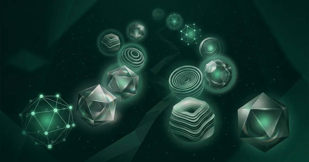 Glowing geometric shapes rising along a path on a dark emerald background, one for each habit that makes you smarter
