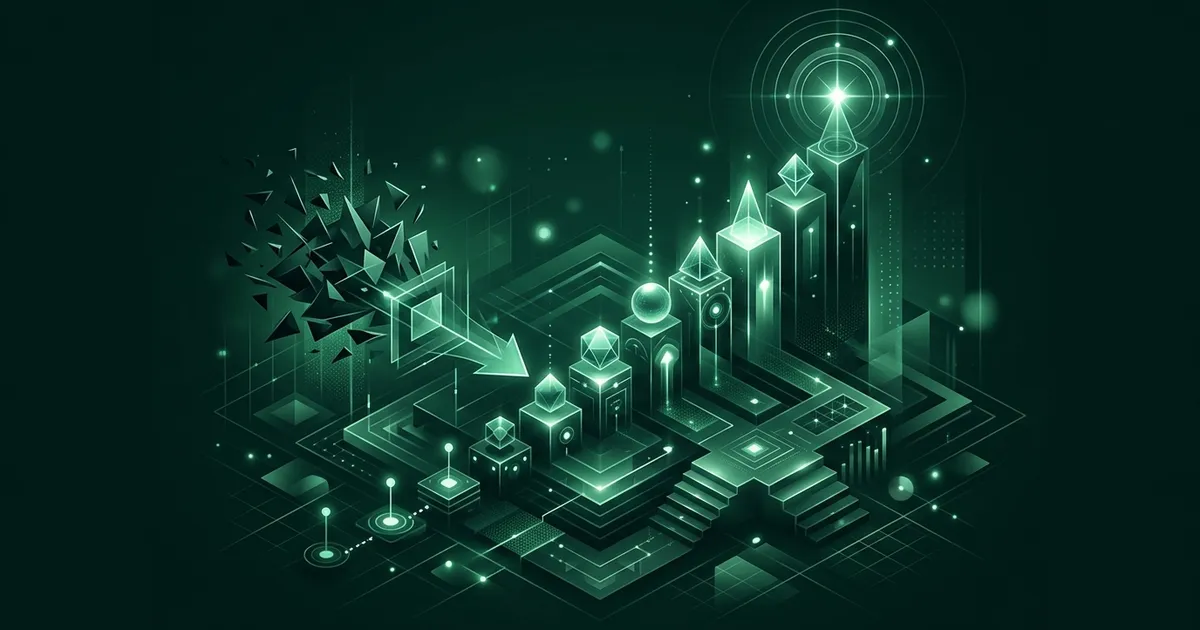 Abstract emerald illustration: scattered shards on the left resolving into a rising path of glowing blocks that ends in one bright point of focus