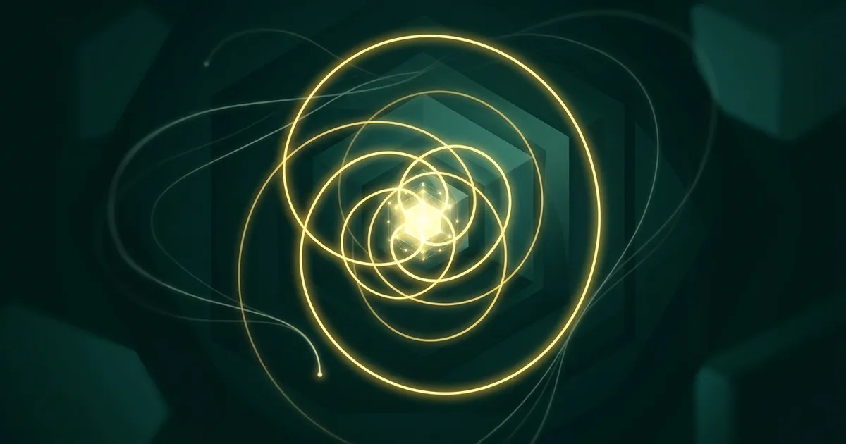 A golden thread of light looping again and again through one glowing node that grows brighter with each pass, on a dark emerald background