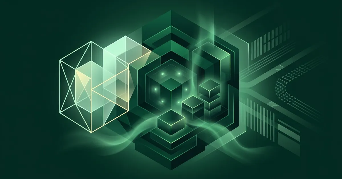 Abstract emerald illustration: a card unlocking into an open sequence, with a price tag motif dissolving into light