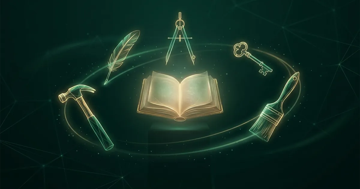 Glowing outlines of a hammer, a quill, a compass, a key and a paintbrush circling an open book on a dark emerald background