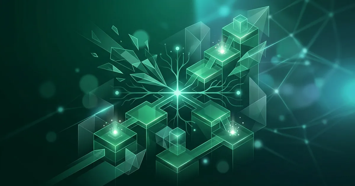 Abstrakte smaragdgrüne Illustration eines Gehirns mit verzweigten Lichtpfaden, teils zerstreut, teils zu einem hellen fokussierten Strahl gebündelt, als Symbol dafür, wie ADHS-Aufmerksamkeit ihren Kanal findet