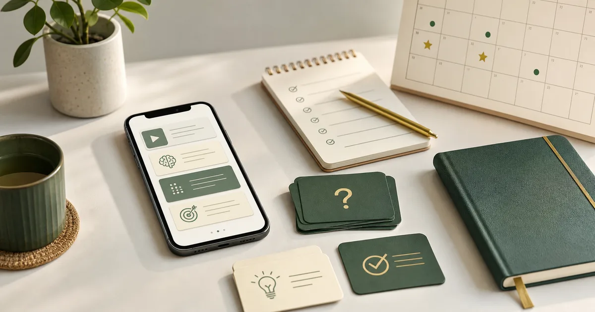 Phone with short learning cards, recall prompts, review markers, and habit checklist for microlearning techniques