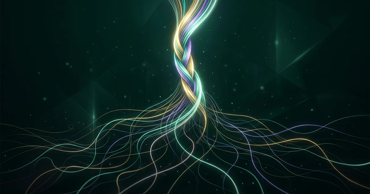 Many thin glowing threads in gold, teal and violet wandering across a dark emerald space, then braiding together into one bright rope that rises upward