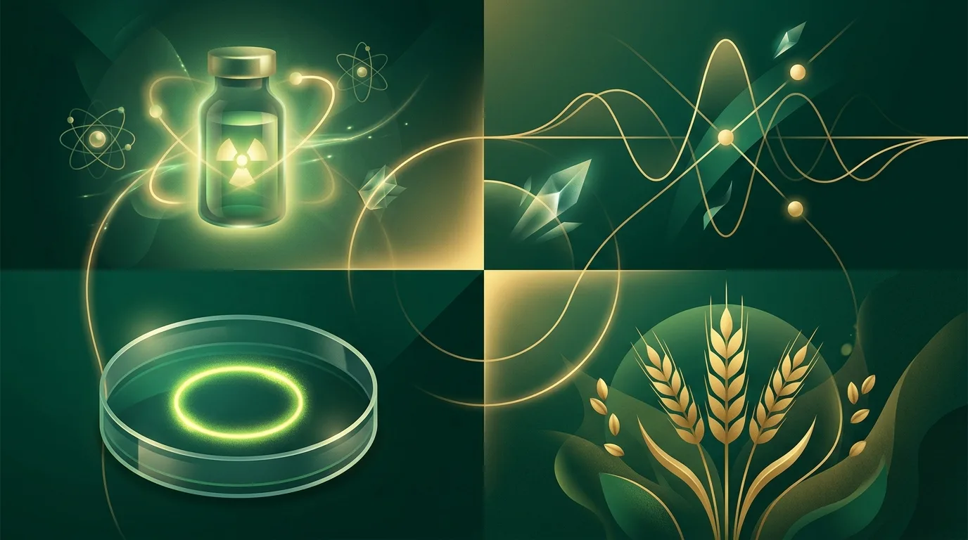 Abstrakte Komposition aus Radiumfläschchen, Lichtdiagramm, Petrischale und Weizengarbe