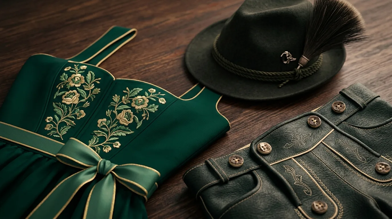 Detail bayerischer Tracht: Dirndlmieder mit gebundener Schleife und Lederhosenknöpfe