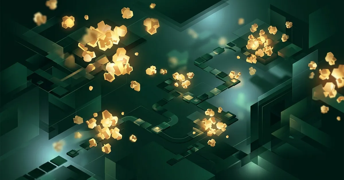 Abstract emerald illustration: scattered popping fragments of light settling into a single steady column