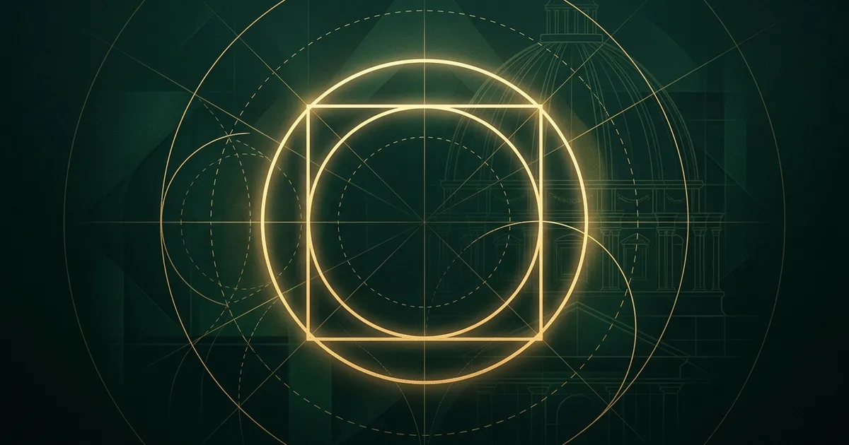 A glowing gold circle and square drawn one inside the other like a Renaissance proportion study, with faint drafting arcs and a dome outline on a dark emerald background