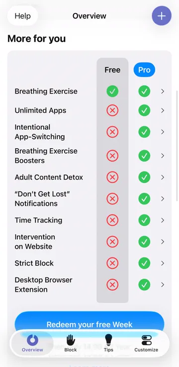 The one sec app comparing its free and Pro features, with the breathing exercise included for free