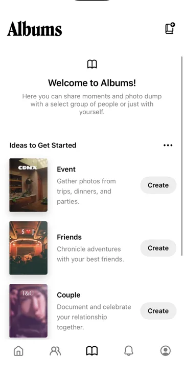 The Albums screen in the Retro app, with ideas for shared albums for events, friends and couples