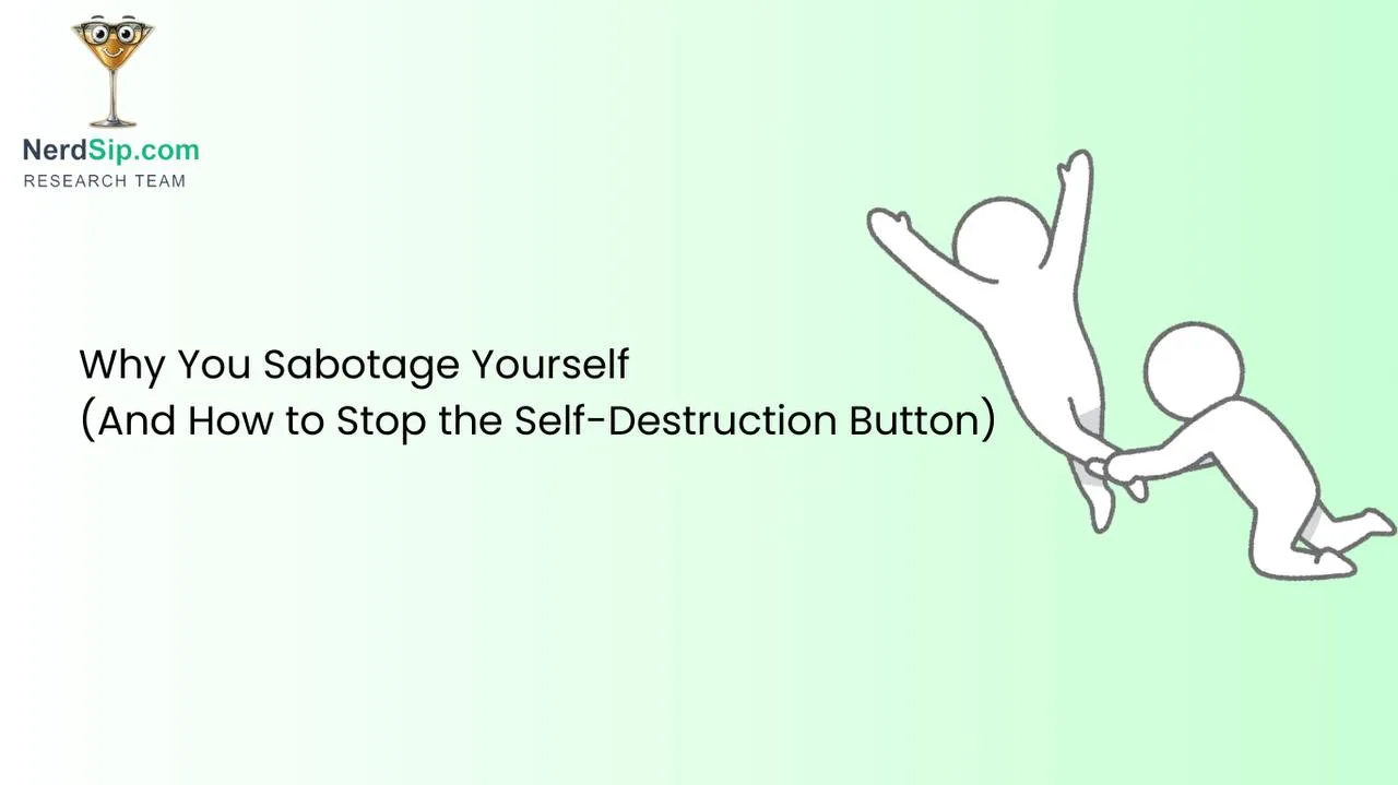 Person stepping on their own progress path, with self-sabotage patterns visualized as blocks they placed themselves
