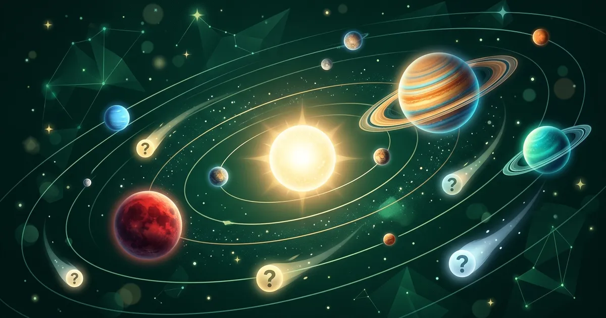 Glowing planets and a ringed gas giant around a bright star, with quiz question marks drifting among them on a dark green background