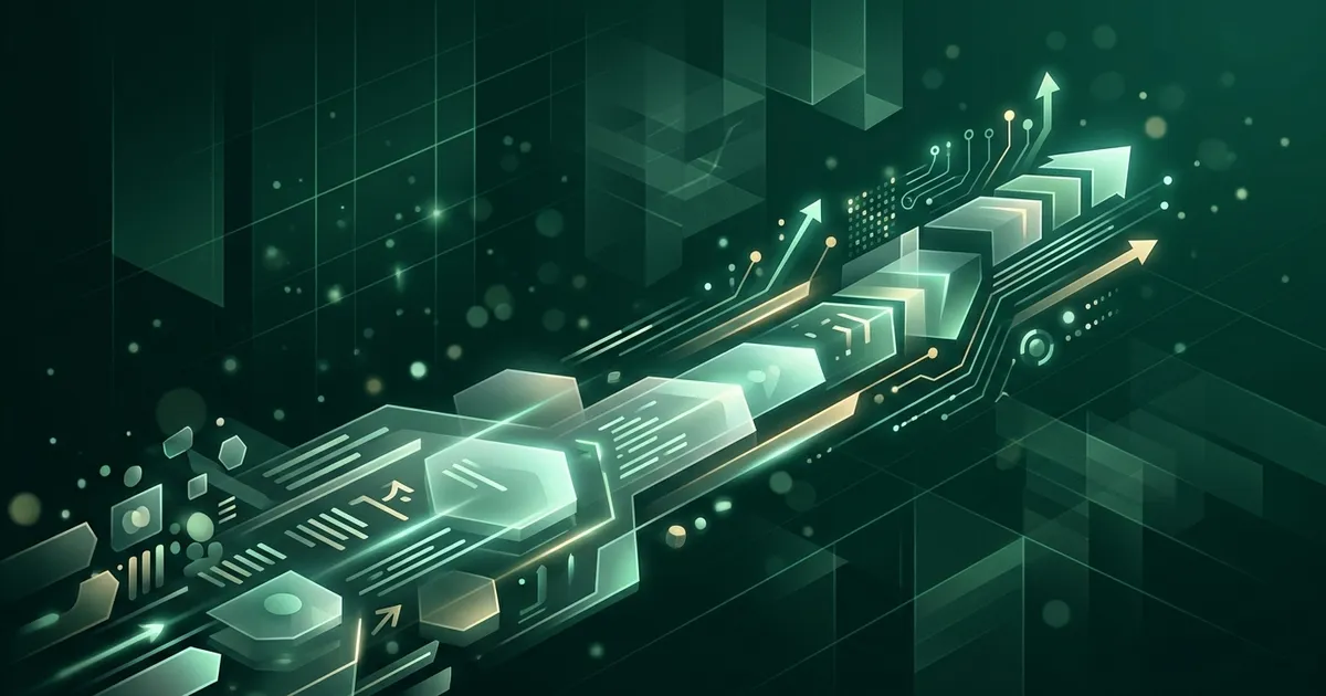 Glowing text blocks and golden arrows racing along a diagonal path on a dark emerald background