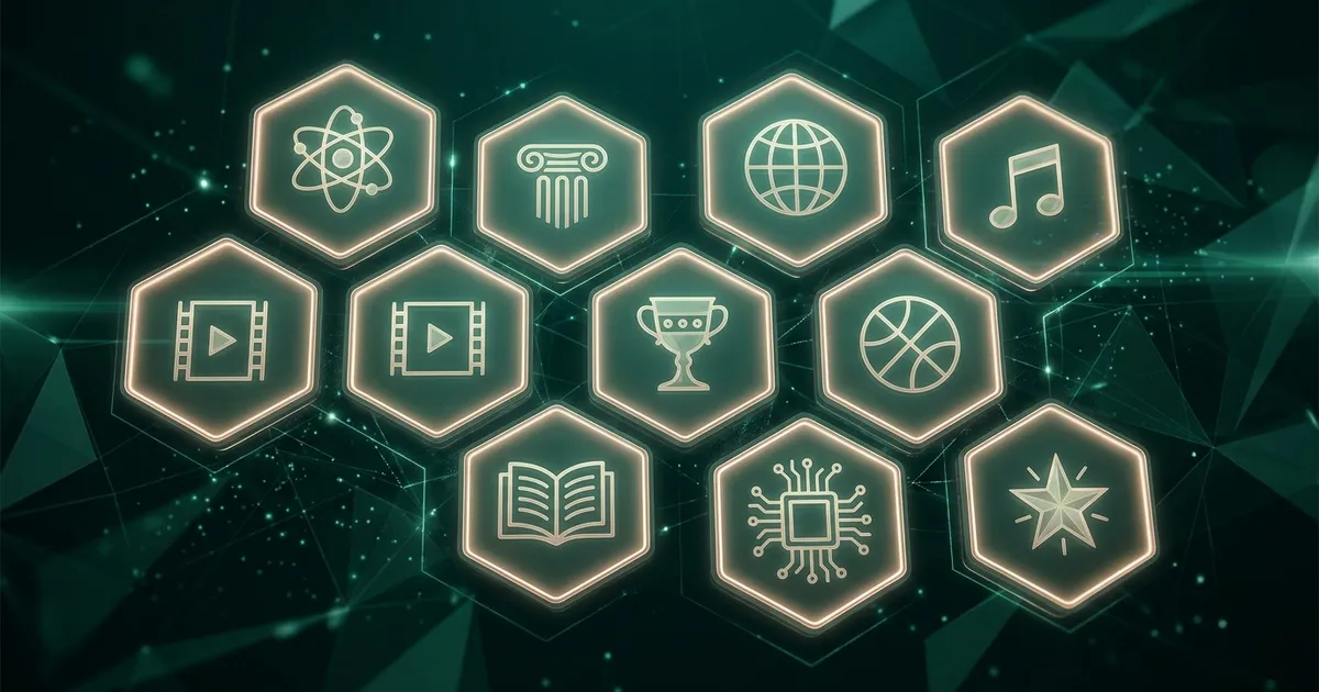 Ten category tiles for a trivia question library: science, history, geography, music, movies, sport, food, literature and technology