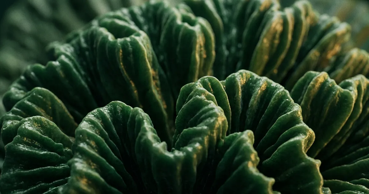 Moody close-up illustration of the folded surface of a human brain lit from one side