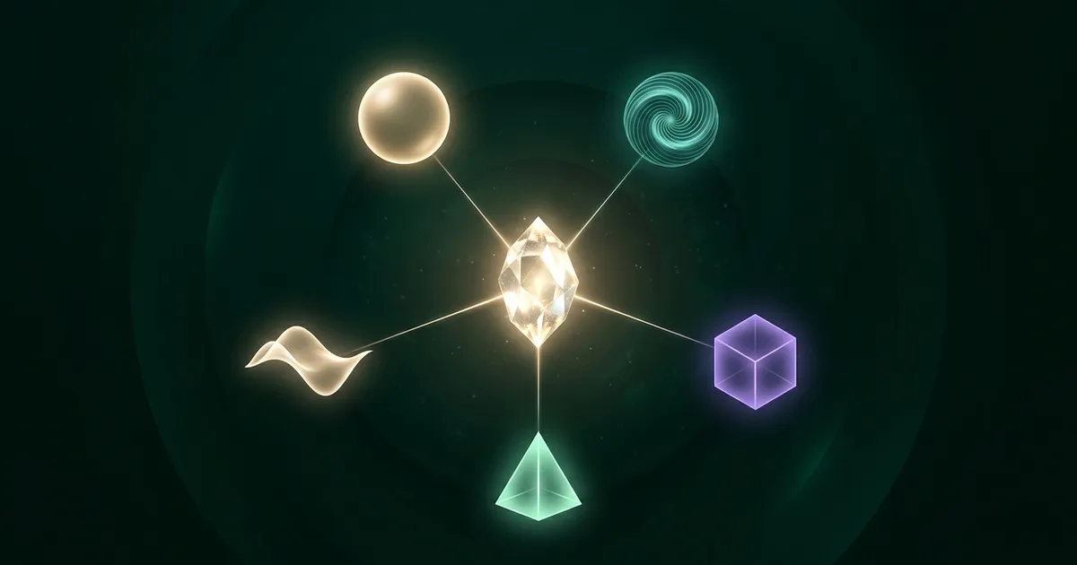 A glowing crystal at the centre of a dark emerald space, linked by thin threads of light to a sphere, a spiral, a cube, a pyramid and a wave, one for each field a polymath masters