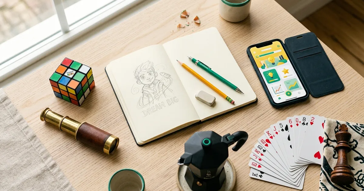 Eine Person an einem sonnigen Küchentisch mit gelöstem Zauberwürfel, aufgeschlagenem Kochbuch und Skizzenblock, das Handy liegt vergessen mit dem Display nach unten daneben