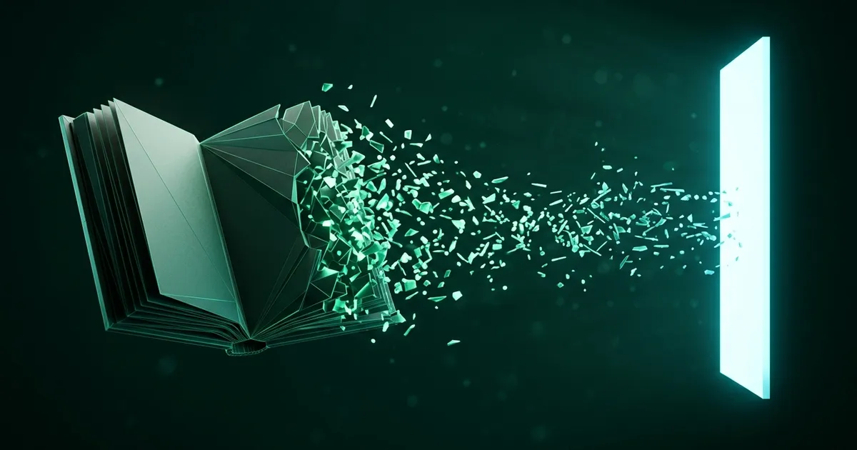 An open book dissolving into fragments pulled toward a glowing screen, showing why focus breaks down while studying
