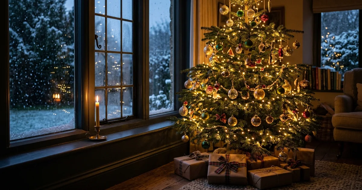 A decorated Christmas tree glowing beside a window on a snowy evening, with wrapped presents underneath