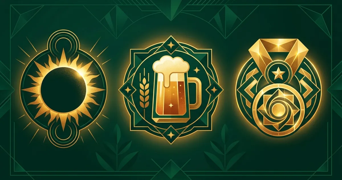 Emerald collage of a solar eclipse, a beer stein and a gold medal representing three world events