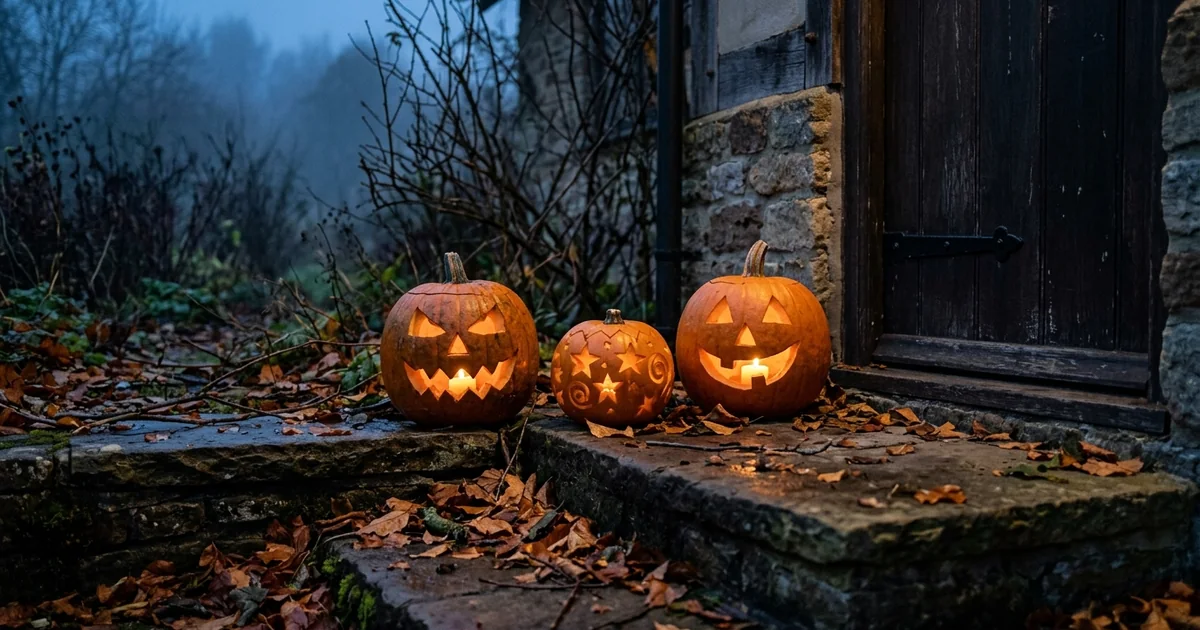 Carved pumpkin lanterns glowing on a doorstep at dusk with autumn leaves and bare branches behind