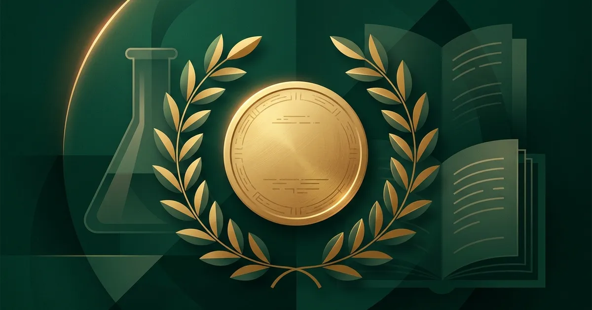 Gold medal on a dark background surrounded by laurel, evoking the Nobel Prize medal