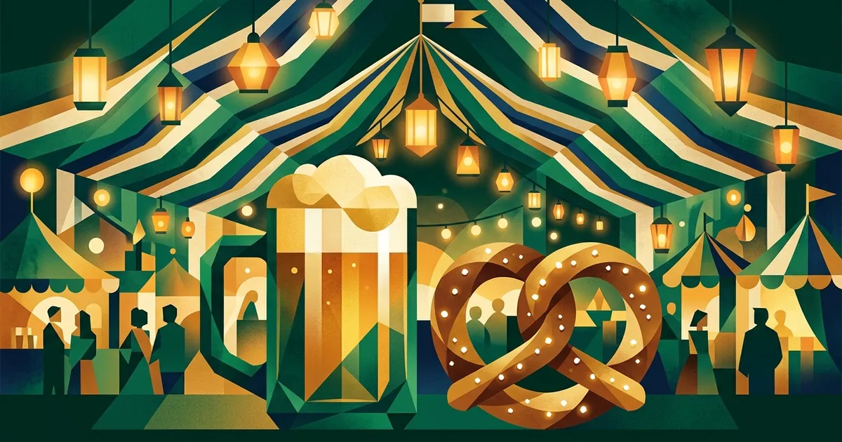 Oktoberfest beer tent scene in Munich with steins, pretzels and a brass band under warm lantern light